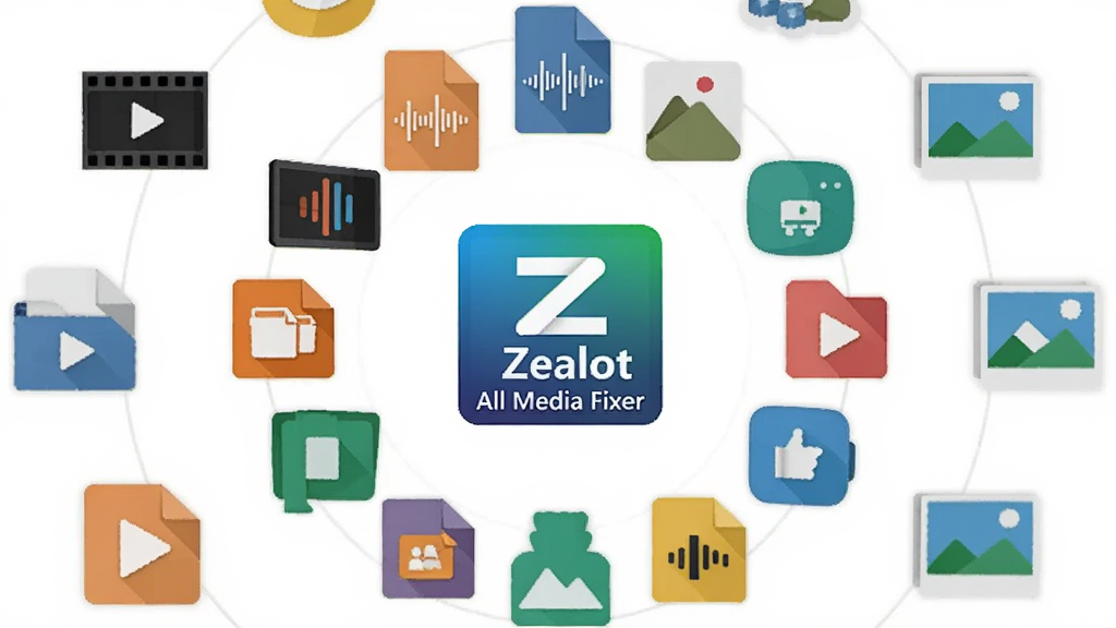 一张概念图,主体是多种媒体文件格式图标环绕着 Zealot All Media Fixer 的软件标志,布局呈圆形放射状,排版中心突出,风格为科技感扁平化设计,细节包括视频胶卷、音频波形、图片相框等元素,画质超清,干净,无多余元素