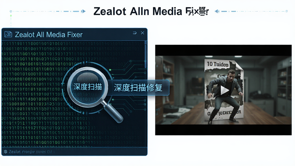 一张示意图,主体是 Zealot All Media Fixer 的深度扫描引擎正在分析一个损坏的视频文件,布局为左侧显示二进制代码流,右侧显示修复后的视频预览画面,排版左右对比,风格为高科技数据可视化,细节包括放大镜图标和