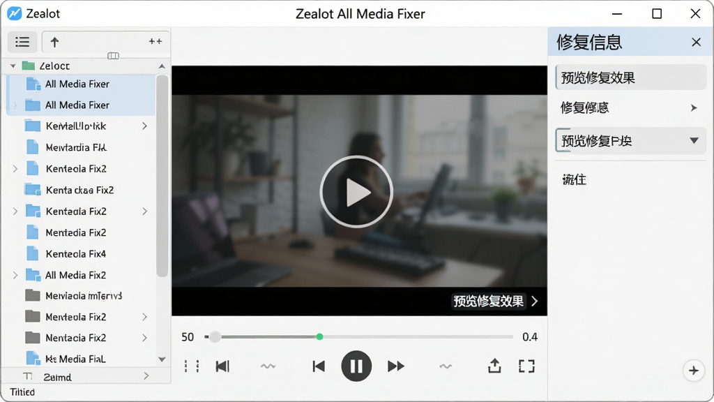 一张软件功能展示图,主体是 Zealot All Media Fixer 的预览窗口,布局为左侧文件列表,中间视频播放器,右侧修复信息面板,排版对称,风格为现代媒体播放器风格,细节包括播放控制按钮和