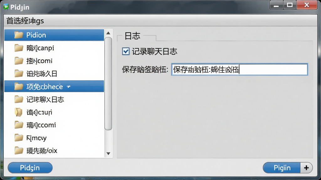 一张电脑屏幕截图,画面展示 Pidgin 软件的首选项设置窗口,左侧为设置分类列表,右侧为“日志”选项面板,包含“记录聊天日志”复选框与保存路径输入框,布局为左右分栏,风格为简洁实用,细节包括灰色背景、蓝色高亮按钮、文件夹图标,画质清晰,干净无多余元素