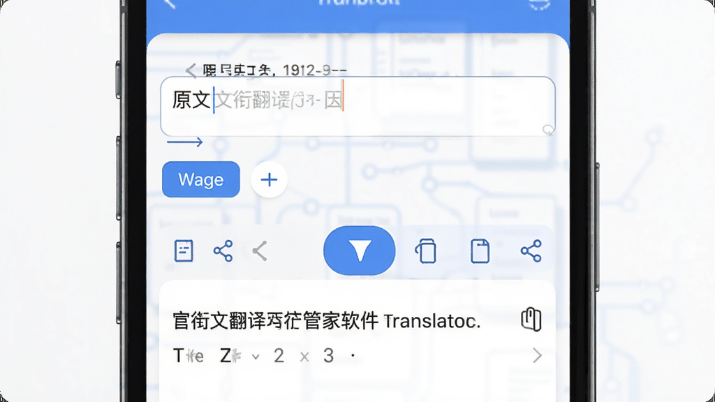 文衔翻译管家软件主界面展示,主体为一部智能手机屏幕,屏幕中显示翻译应用界面,上方为原文输入框,下方为译文显示区域,布局简洁清晰,排版上下结构,风格为现代科技感扁平化设计,细节包括语言选择按钮、翻译按钮、复制分享图标,画质高清,干净,无多余元素