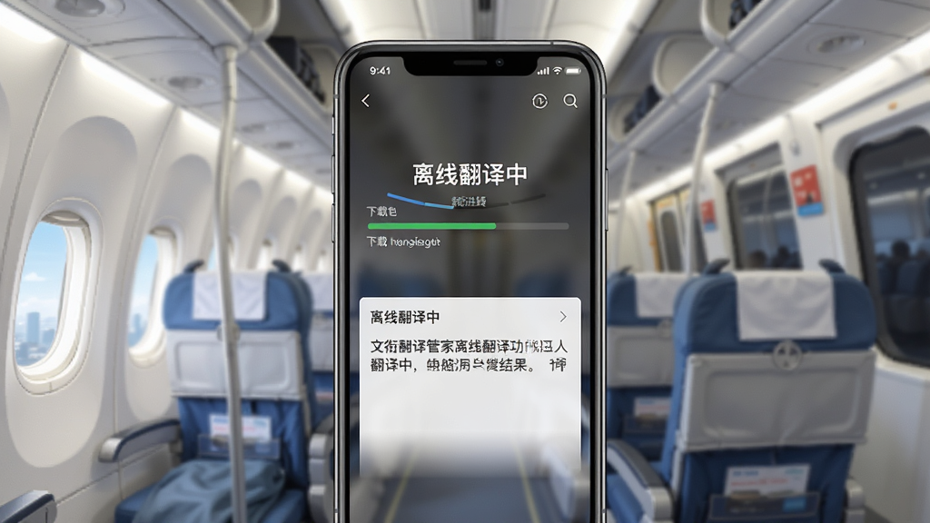 文衔翻译管家离线翻译功能展示,主体为一部手机屏幕显示“离线翻译中”状态,背景为飞机客舱或地铁车厢场景,布局为手机居中,排版简洁,风格为写实插画风,细节包括手机屏幕上的语言包下载进度条和翻译结果展示,画质高清,干净,无多余元素