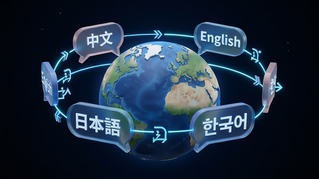 文衔翻译管家多语种翻译功能展示,主体为悬浮在地球上方的多个语言气泡,气泡中分别写有“中文”“English”“日本”“”,布局为环绕式排列,排版居中对称,风格为科技感3D渲染,细节包括发光的连接线条和翻译箭头图标,画质高清,干净,无多余元素