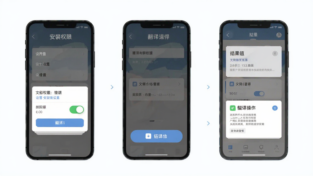 文衔翻译管家移动端使用教程示意图,主体为手机屏幕显示安装权限设置和翻译界面操作步骤,布局为分步骤图示排版,风格为扁平化教程插画,细节包括设置菜单、权限开关、翻译按钮和结果展示,画质高清,干净,无多余元素