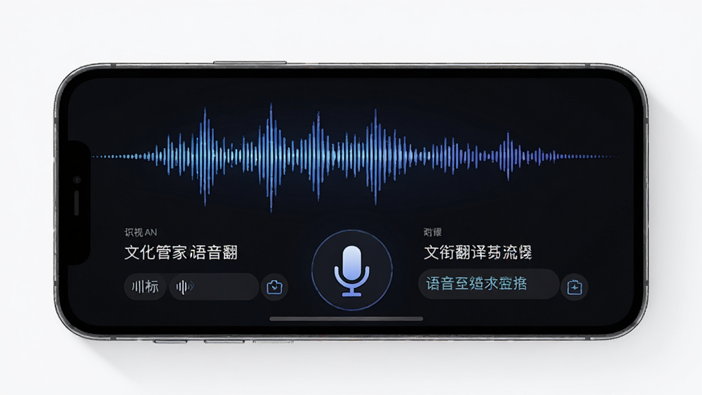 文衔翻译管家语音翻译功能展示,主体为手机屏幕显示声波波形和麦克风图标,布局为手机居中,排版上下结构,风格为现代简约科技风,细节包括语音识别文字和翻译结果对照显示,画质高清,干净,无多余元素