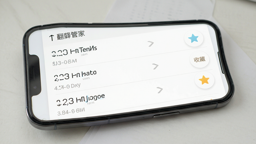 文衔翻译管家历史记录与收藏功能展示,主体为手机屏幕显示翻译历史列表和收藏夹图标,布局为列表式排版,风格为清新浅色系UI设计,细节包括时间戳、语言标识和星标收藏按钮,画质高清,干净,无多余元素