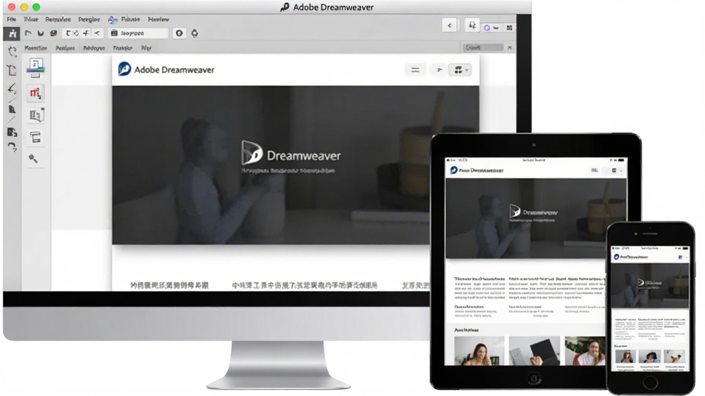 一张展示 Adobe Dreamweaver 响应式设计实时预览功能的图片,画面中同时显示桌面、平板、手机三种设备尺寸的网页预览效果,界面采用浅色背景,布局清晰,软件名称 Adobe Dreamweaver 出现在顶部标题栏,画质干净,无多余元素