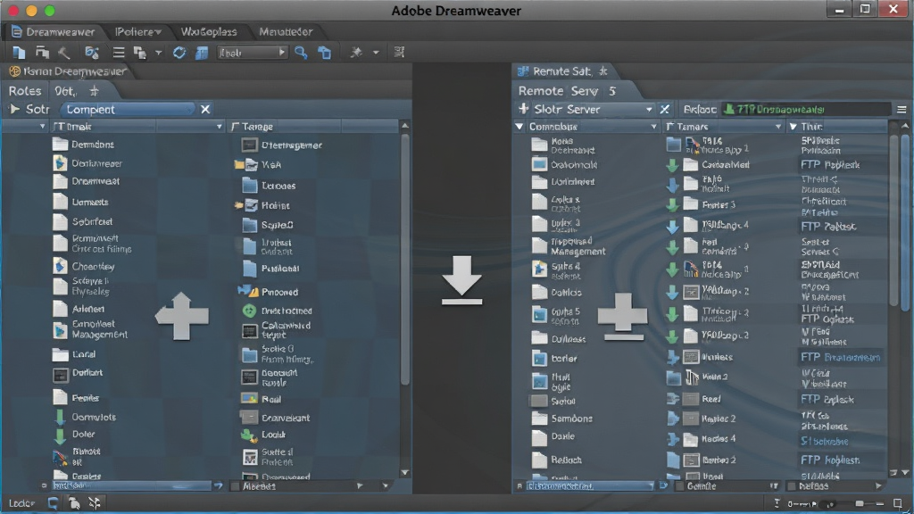 一张展示 Adobe Dreamweaver 站点管理与 FTP 发布功能的图片,画面左侧为本地文件列表,右侧为远程服务器文件列表,中间有上传下载箭头,界面采用蓝色与灰色搭配的专业风格,顶部显示 Adobe Dreamweaver 软件名称,画质清晰,无多余元素
