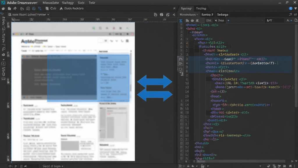 一张展示 Adobe Dreamweaver 可视化编辑与代码编辑双视图同步的界面截图风格图片,画面左侧为可视化网页布局预览,右侧为对应的 HTML 代码窗口,中间有箭头表示双向同步关系,整体风格简洁专业,蓝色高亮标注同步区域,画质清晰,干净无多余元素