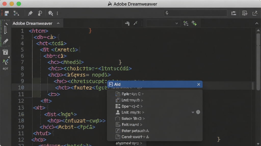 一张展示 Adobe Dreamweaver 代码智能提示功能的界面图片,画面中代码编辑器内正在输入 HTML 标签,下方弹出智能提示列表,界面采用深色主题,代码高亮清晰,顶部显示 Adobe Dreamweaver 软件名称,画质清晰,干净无多余元素