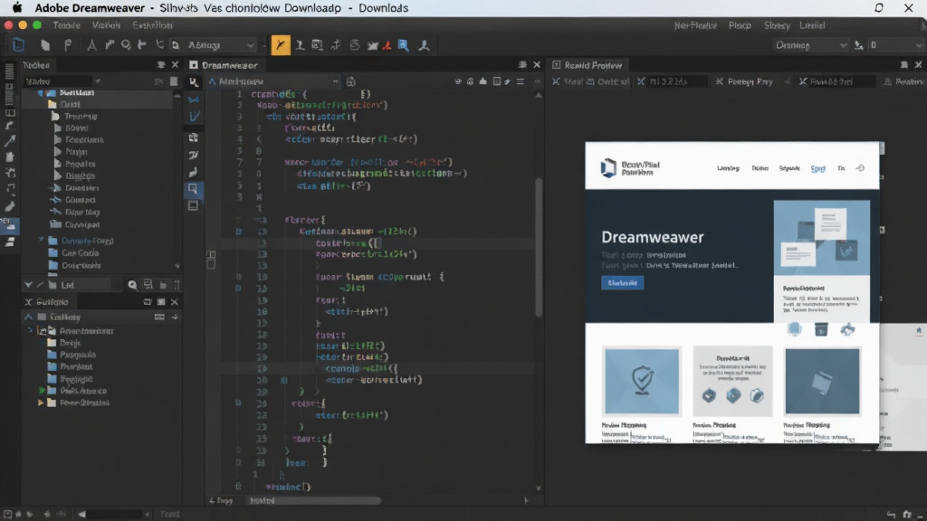 一张展示 Adobe Dreamweaver 软件完整界面的预览图,画面中央是软件主窗口,左侧为文件面板与代码视图,右侧为实时预览窗口,顶部菜单栏清晰可见,整体布局采用深色与蓝色调的现代设计风格,界面干净整洁,屏幕中显示正在编辑的网页代码与可视化布局,画质清晰,无多余元素,适合软件下载站展示使用