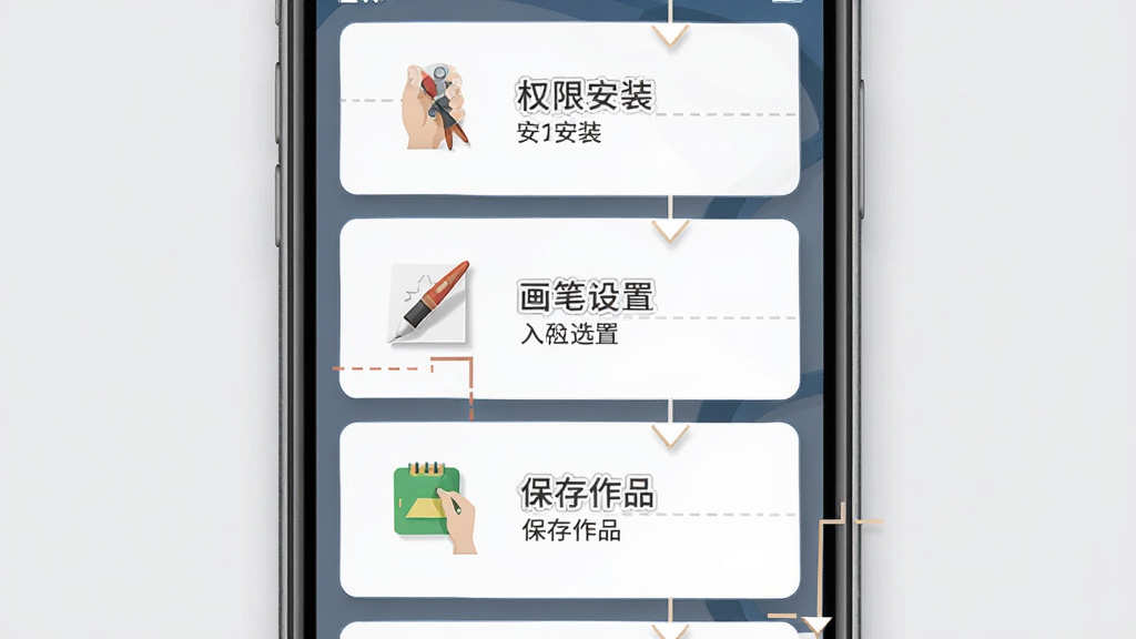 板牙画板移动端使用教程示意图,画面展示一部智能手机屏幕,屏幕上分步骤标注了安装、权限设置、画笔选择、保存作品四个操作环节,每个环节配有小图标与简短文字说明,布局从上到下依次排列,风格扁平化信息图,细节包括手机边框与界面元素,画质清晰干净,背景为浅灰色