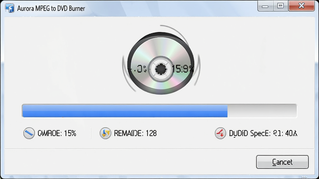 Aurora MPEG to DVD Burner ��¼���Ƚ��棬����Ϊ�������ڿ�¼DVD�Ľ��ȴ��ڣ�����Ϊ�����Ž��������·���ʾʣ��ʱ�����¼�ٶȣ��Ű��࣬���Ϊ�����������н��棬ϸ�ڰ���������תͼ�ꡢ�ٷֱ����֡�ȡ����ť�����ʸ��壬�ɾ����޶���Ԫ��