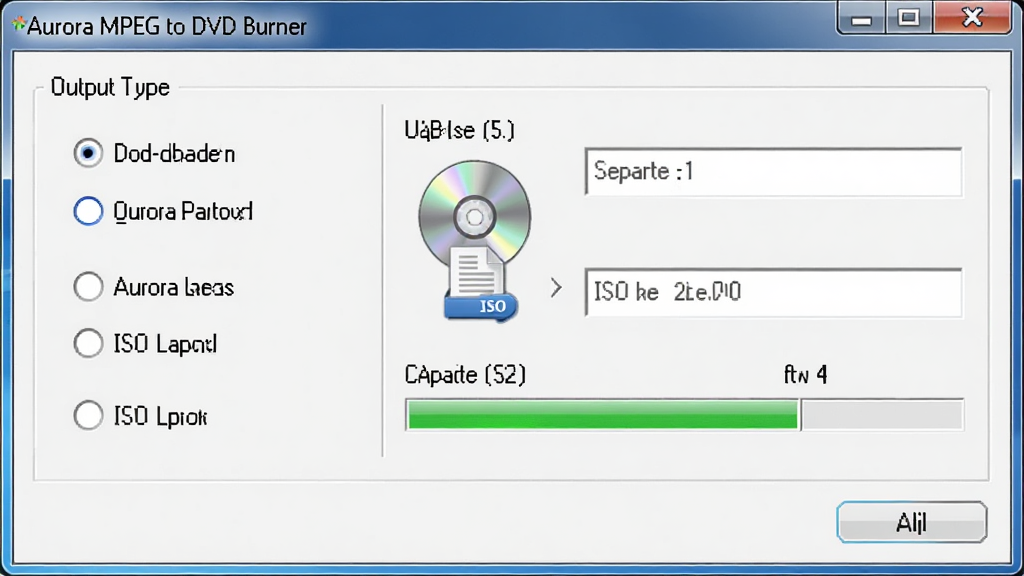 Aurora MPEG to DVD Burner ���ѡ�����ý��棬����Ϊ��¼��ʽѡ����壬����Ϊ���������͵�ѡ��ť���Ҳ�������Ϣ��ʾ�����Ű����������ΪWindowsӦ�ý��棬ϸ�ڰ���DVD����ͼ�ꡢISO�ļ�ͼ�ꡢ�����������������������ɾ����޶���Ԫ��