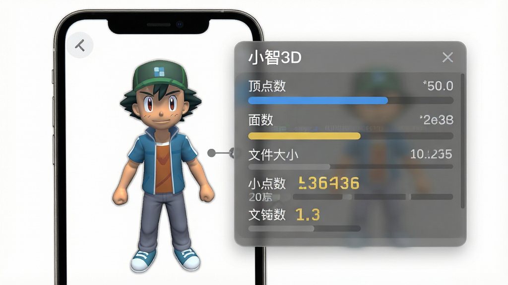 一张展示小智3D模型信息面板的预览图,主体是手机屏幕中三维模型旁边悬浮着信息面板,面板上显示顶点数、面数、文件大小等数据,布局为模型居左、信息面板居右,排版清晰,风格为简约数据风,细节包括数据条目、数值高亮、半透明面板,界面文字“小智3D”,画质清晰,干净无多余元素