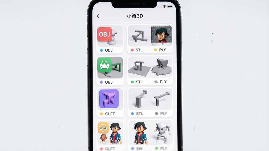 一张展示小智3D多格式兼容能力的预览图,主体是手机屏幕中同时排列着OBJ、STL、PLY、GLTF四种格式的模型缩略卡片,布局为纵向列表排列,排版整齐,风格为简洁科技风,细节包括不同格式标签、彩色图标、模型小预览图,界面文字“小智3D”,画质清晰,干净无多余元素