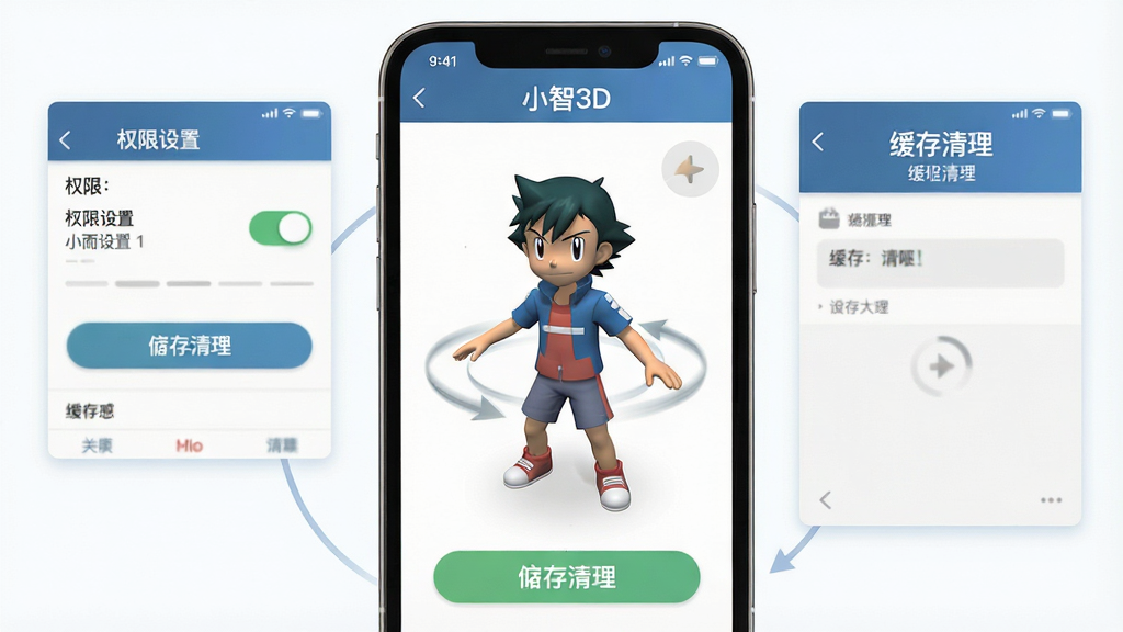 一张展示小智3D移动端使用技巧的预览图,主体是手机屏幕中三维模型正在流畅旋转,旁边有权限设置和缓存清理的界面小窗,布局为手机居中、功能小窗环绕,排版清晰,风格为实用教程风,细节包括权限开关、缓存清理按钮、模型转动效果,界面文字“小智3D”,画质清晰,干净无多余元素