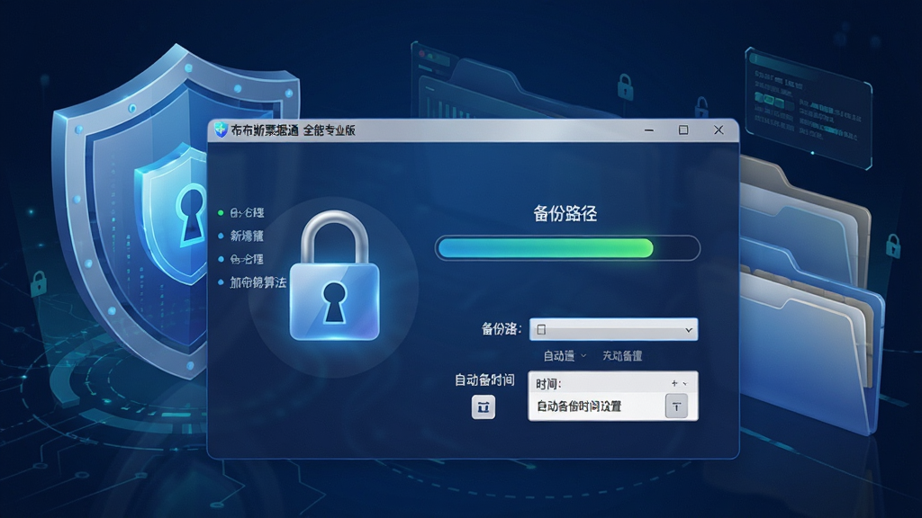 一张展示图布斯票据通 全能专业版安全存储与备份功能的图片,画面中软件界面显示加密锁图标和备份进度条,背景为盾牌和文件夹元素,风格为安全科技风,细节包括加密算法标识、备份路径选择、自动备份时间设置,画质高清,干净整洁,无多余元素