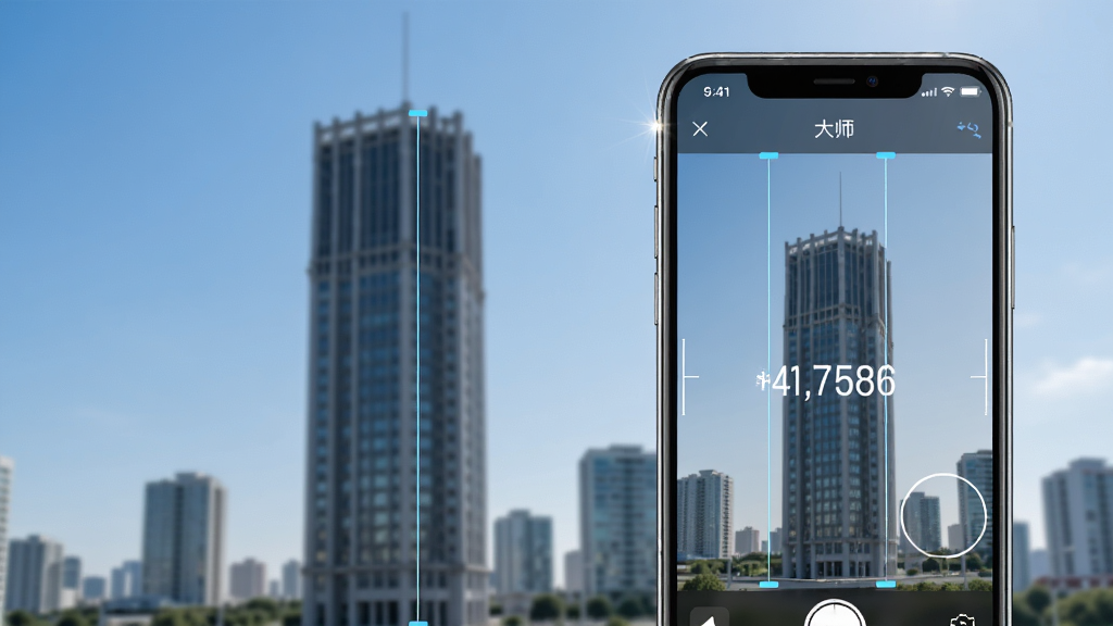 一部手机正对着远处的建筑物,手机屏幕显示测距仪测量大师的界面,屏幕上有两条垂直的测量线分别对准建筑物的底部和顶部,界面中央显示高度数值,背景是晴朗的天空和城市楼群,布局将手机置于画面右侧,左侧留白展示建筑,风格为现代简约科技感,细节有手机边框高光、屏幕数值清晰,画质锐利,干净,无多余元素