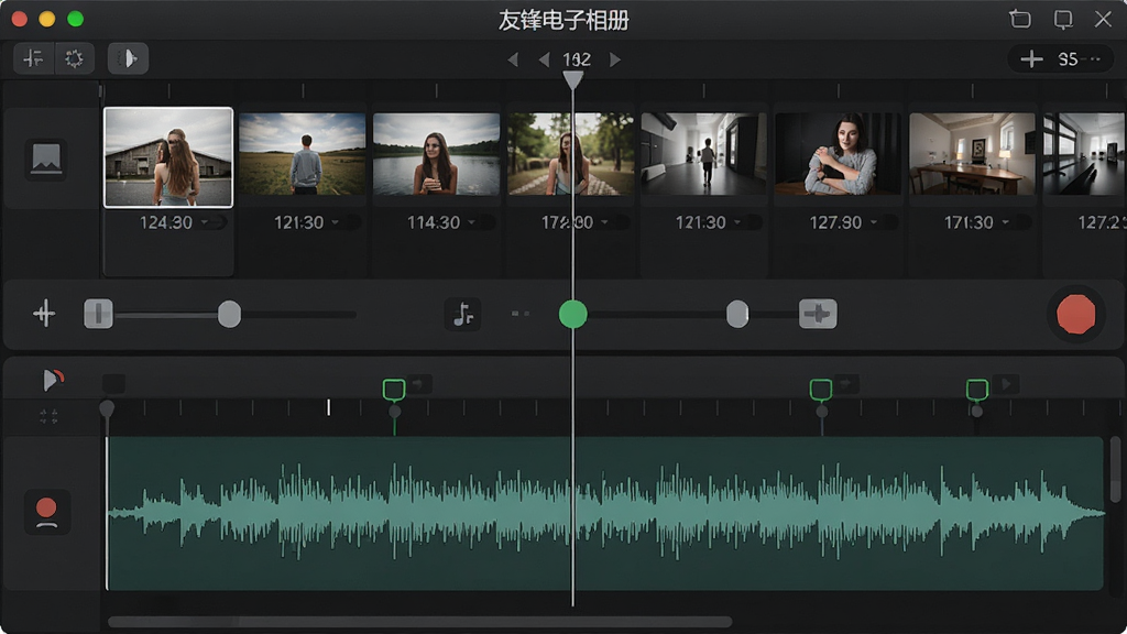 一张展示友锋电子相册制作音频编辑功能的图片,主体是软件音频轨道编辑界面,布局为上下分层,上方为照片时间轴,下方为音乐波形轨道,排版清晰,风格为深色专业软件界面风,细节包括音量调节滑块、淡入淡出控制点、录音按钮,画质高清,画面干净,无多余元素