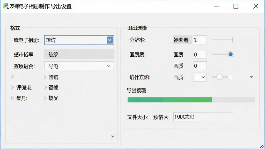 一张展示友锋电子相册制作导出设置界面的图片,主体是软件导出参数配置窗口,布局为左右分栏,左侧为格式选择,右侧为分辨率与画质调节,排版紧凑,风格为浅色办公软件界面风,细节包括格式下拉菜单、分辨率选项、导出进度条、文件大小预估,画质清晰,画面干净,无多余元素
