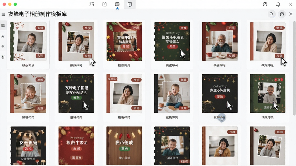 一张展示友锋电子相册制作模板库的图片,主体是软件模板选择界面,布局为网格状缩略图排列,排版整齐,风格为清新明亮的软件界面风,细节包括多个相册模板封面、节日主题标签、鼠标指针悬停效果,画质清晰,画面干净,无多余元素