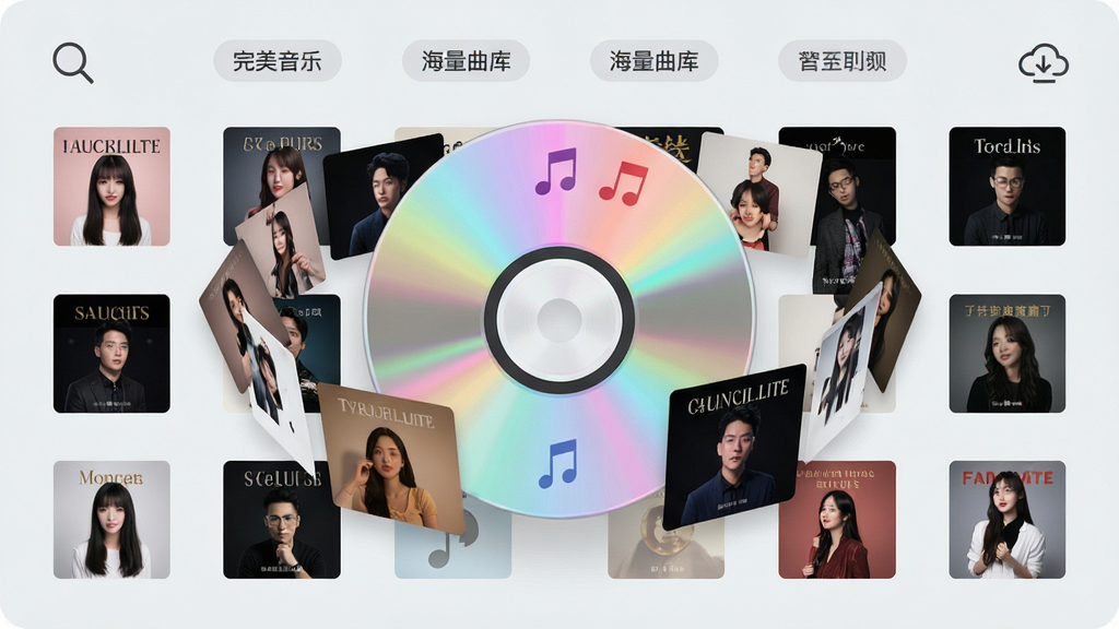 一张表现完美一键K歌海量曲库功能的预览图,画面主体是悬浮在空中的巨大音乐光盘与环绕的歌曲封面卡片,背景为浅灰色简约风格,布局采用网格状排列,排版清晰展示不同音乐分类标签,风格清新明快,细节包括搜索放大镜图标与云端下载箭头,画质干净,无多余装饰