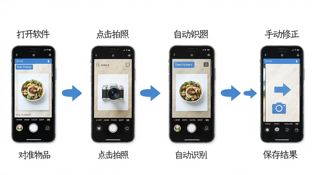 快点拍照计数软件操作流程图解,画面采用横向流程图布局,从左到右依次展示打开软件、对准物品、点击拍照、自动识别、手动修正、保存结果六个步骤,每个步骤配一个手机屏幕小图,风格为信息图表风,细节上每个步骤之间有箭头连接,画质高清,画面干净,无多余元素