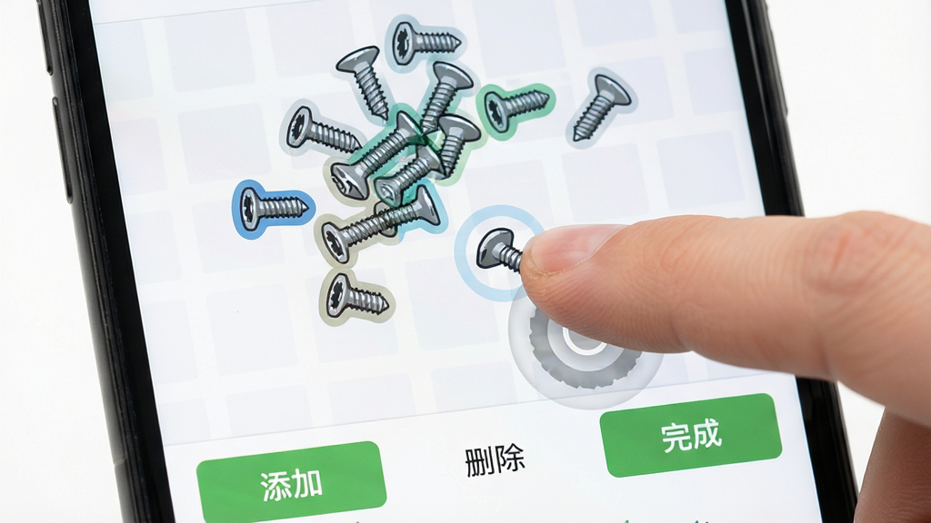 快点拍照计数软件手动修正功能界面图,画面展示手机屏幕上的编辑界面,一堆散落的螺丝钉被部分标记,用户手指正在点击一个未标记的螺丝钉进行添加,屏幕底部工具栏显示“添加”“删除”“完成”按钮,布局采用居中特写排版,风格为扁平化UI设计风,细节上手指与屏幕接触处有轻微的点击动效,画质高清,画面干净,无多余元素