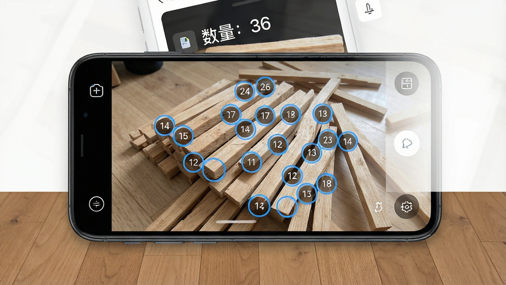 快点拍照计数软件功能展示图,画面主体是手机屏幕特写,屏幕上显示快点拍照计数APP正在识别一堆木条,每根木条被蓝色圆圈框选并编号,屏幕上方显示“数量:36”,手机下方是实木地板背景,布局采用上下分层排版,风格为清爽简约科技风,细节上屏幕界面有清晰的按钮和数字显示,画质高清,画面干净,无多余元素
