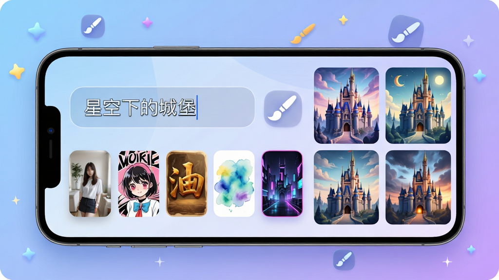 AI Dream智能关键词生成功能展示,画面中央是一部智能手机,屏幕显示输入框内写着“星空下的城堡”,下方排列着写实、动漫、油画、水彩、赛博朋克五种风格按钮,屏幕右侧展示四张不同风格生成的城堡图像缩略图,布局采用上下结构,风格为清新科技风,细节包括柔和的蓝紫色渐变背景、漂浮的星星和画笔图标,画质清晰干净,无多余元素