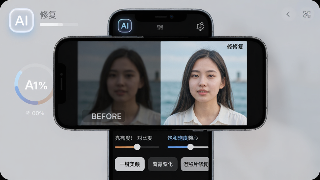 AI Dream智能修图与增强功能界面,画面中央是手机屏幕,屏幕内展示一张经过AI修复前后的对比照片,左侧为模糊暗淡的原图,右侧为清晰明亮的修复图,屏幕下方排列着亮度、对比度、饱和度调节滑块以及一键美颜、背景虚化、老照片修复按钮,布局采用上下结构,风格为简洁工具风,细节包括柔和的灰色背景、发光的AI修复图标和进度百分比,画质清晰干净,无多余元素