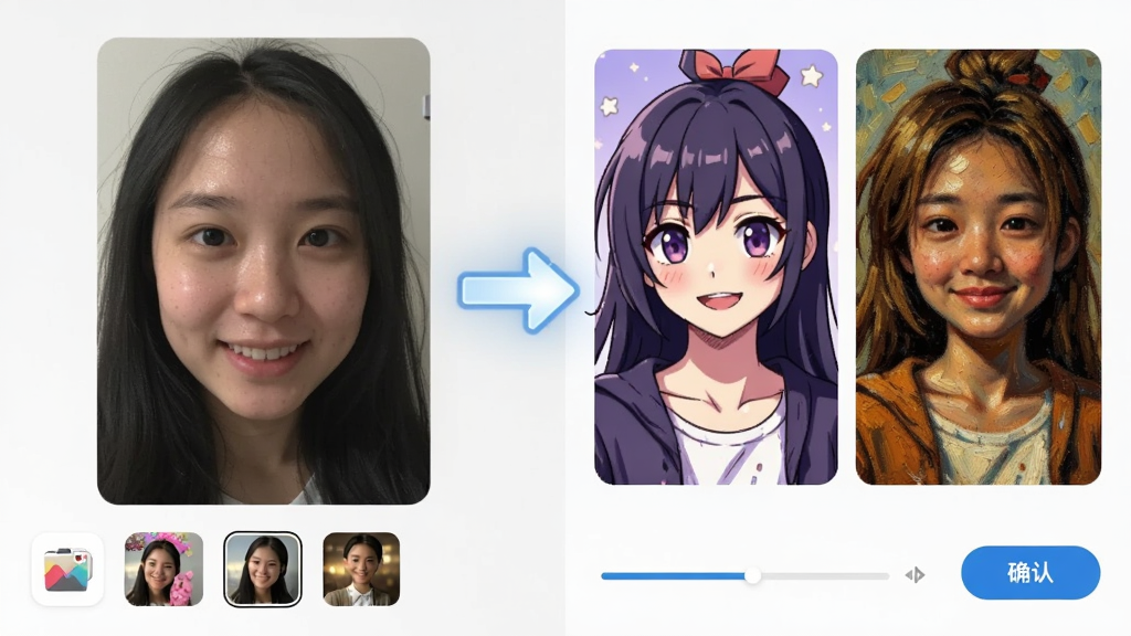 AI Dream照片风格迁移功能演示,画面左侧展示一张普通的人物自拍照片,中间有一个向右的发光箭头,右侧展示同一张照片转换为动漫风格和油画风格的两个版本,布局采用横向对比排版,风格为明亮简约风,细节包括手机相册图标、风格模板缩略图、进度条和确认按钮,画质清晰干净,无多余元素