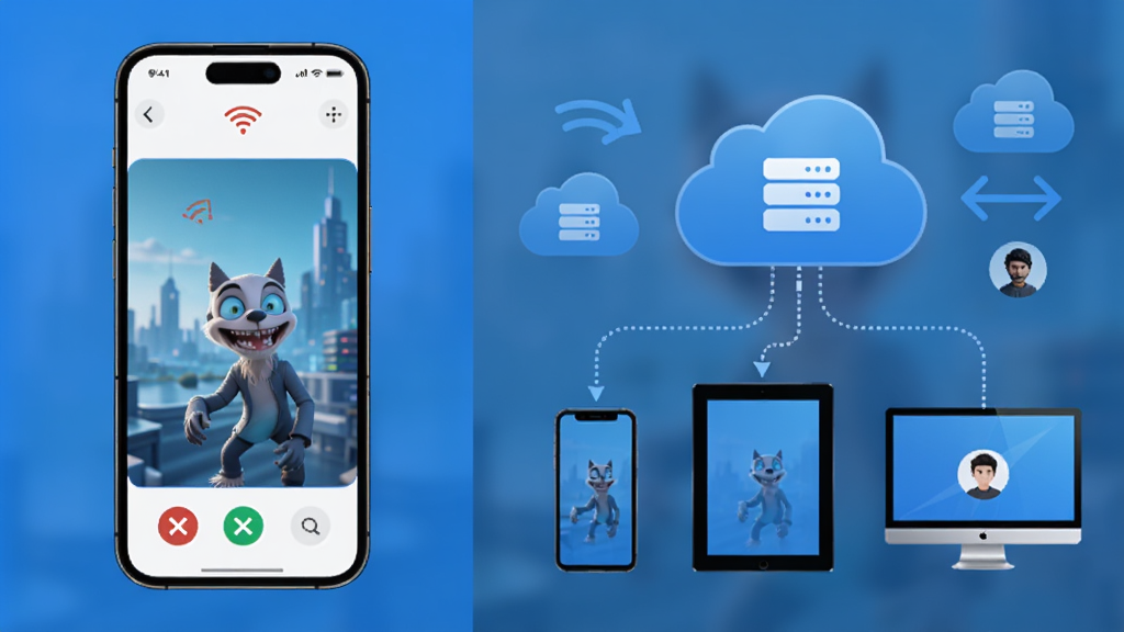 AI Dream离线创作与云端同步功能展示,画面左侧展示一部手机处于飞行模式,屏幕内仍在生成图像,右侧展示云端服务器图标与多台设备(手机、平板、电脑)通过虚线连接,布局采用左右对称结构,风格为科技蓝调,细节包括WiFi关闭图标、云朵形状的存储图标、同步箭头和用户账户头像,画质清晰干净,无多余元素