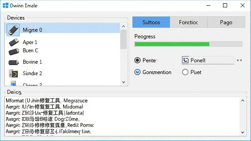 Mformat��U���޸����ߣ���������ȫò������Ϊһ������Windows����������ڣ����ַ�Ϊ�豸�б��������ܰ�ť������־��ʾ�����Ű����������Ϊ�ִ���Լ�Ƽ��磬ϸ�ڰ���U��ͼ�ꡢ�޸��������͸�ʽ��ѡ������������ɾ����޶���Ԫ��