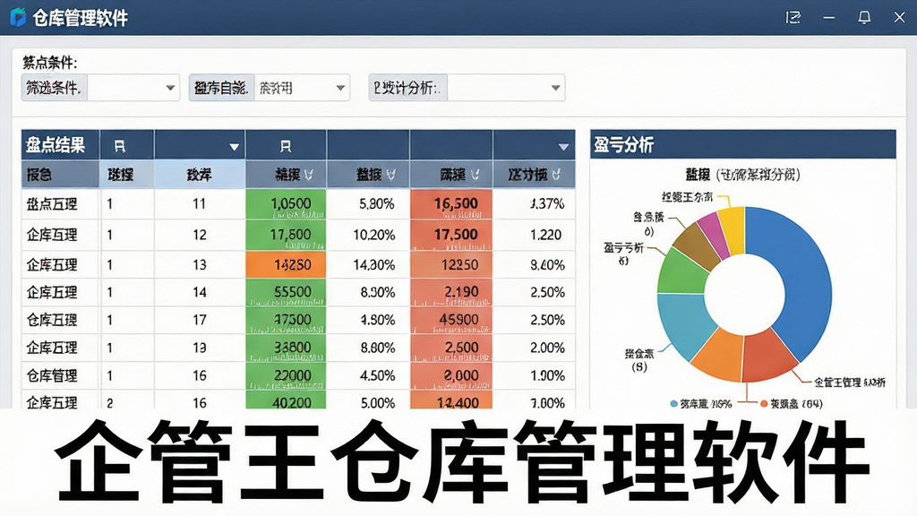 一张展示企管王仓库管理软件库存盘点报表的图片。主体为盘点结果表格与盈亏分析图,布局为上方筛选条件、中部数据表格、右侧饼状图。排版规整,风格为商务数据风,细节包括盈亏数字、颜色标注、统计图表。画质高清,干净,无多余元素。图片中打文字“企管王仓库管理软件”。