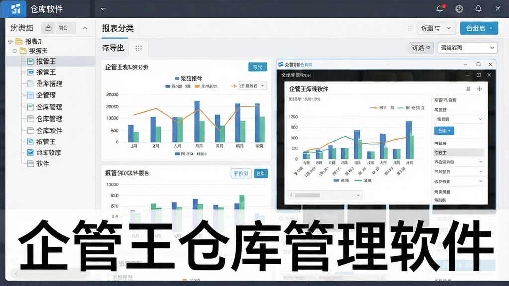 一张展示企管王仓库管理软件报表中心界面的图片。主体为报表列表与预览窗口,布局为左侧报表分类树、右侧报表内容预览。排版整齐,风格为现代办公风,细节包括图表、导出按钮、筛选器。画质高清,干净,无多余元素。图片中打文字“企管王仓库管理软件”。