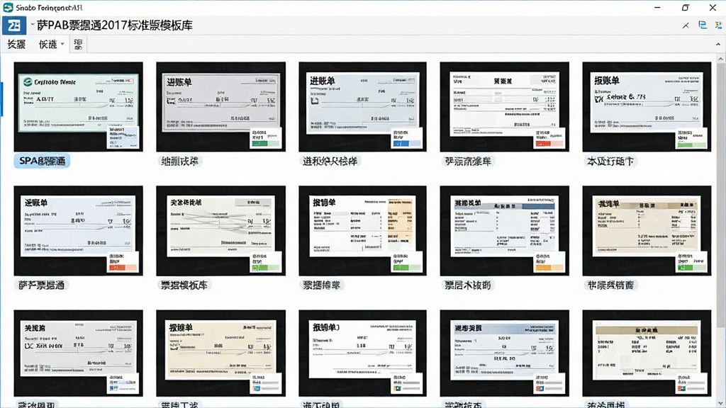 一张展示萨博票据通2017标准版票据模板库的图片,画面主体为软件界面中排列整齐的票据模板缩略图网格,每个模板展示不同的票据样式,包括支票、进账单、报销单等,布局采用网格排列方式,排版清晰直观,风格为现代办公软件界面,细节上体现模板名称标签和预览小图,画质清晰,干净,无多余元素