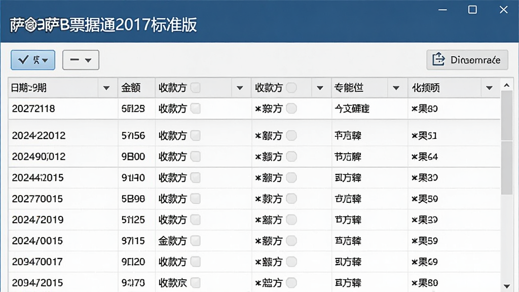 一张展示萨博票据通2017标准版数据管理功能的图片,画面主体为软件中的数据列表界面,表格中整齐排列着多条票据记录,包含日期、金额、收款方等字段,布局为典型的数据库表格视图,排版规范,风格为商务管理软件界面,细节上体现筛选按钮和数据导出图标,画质清晰,干净,无多余元素