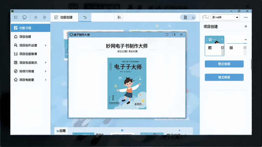 软件主界面全景展示,中央是妙网电子书制作大师的欢迎窗口,左侧为功能导航栏,右侧为项目创建区域,界面采用浅蓝与白色搭配,干净简洁的扁平化设计,屏幕中显示电子书封面预览与格式选择按钮,画质清晰,无多余元素