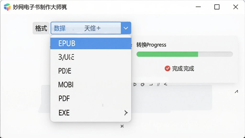 妙网电子书制作大师软件界面中,格式选择下拉菜单展开,显示EPUB、MOBI、PDF、EXE等多个选项,旁边有转换进度条和完成提示,整体画面明亮整洁,风格简约,画质细腻