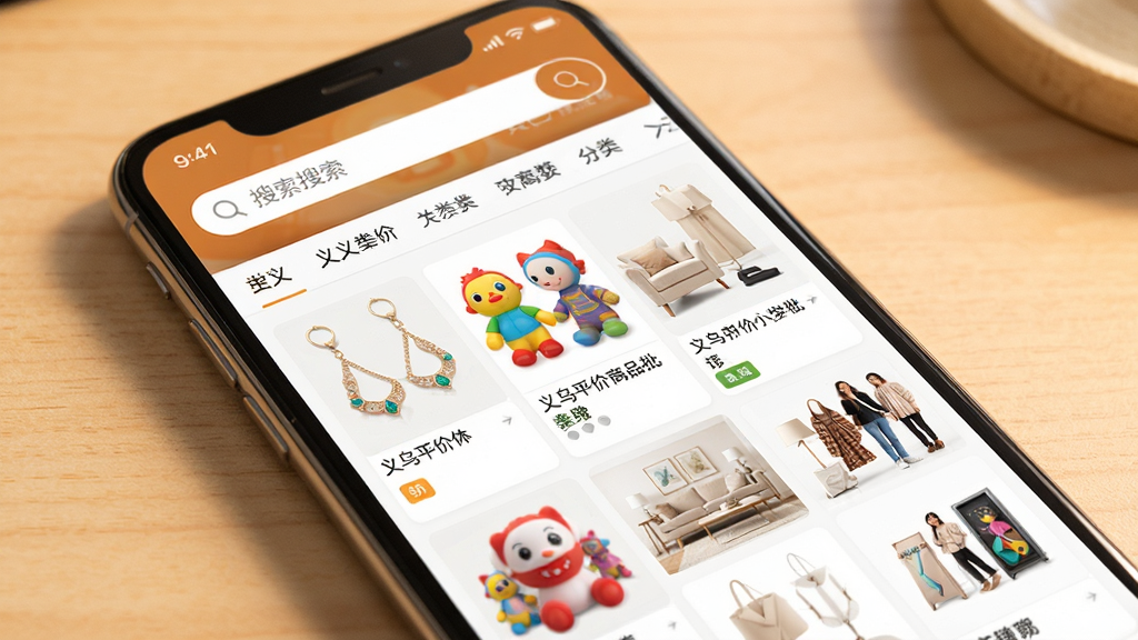 一张展示手机屏幕的图片,屏幕中显示义乌平价小商品批发软件首页,页面布局清晰,上方有搜索框和分类导航,下方是商品瀑布流,商品包含饰品、玩具、家居用品等,图片采用写实风格,暖色调,明亮干净,画质高清,无多余杂乱元素