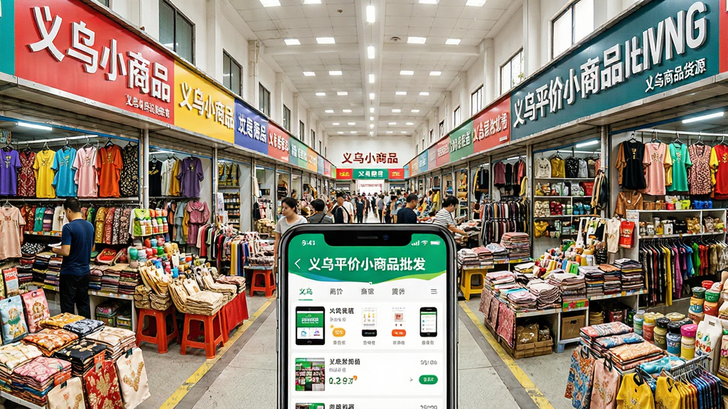 一张展示义乌小商品批发市场全景的图片,画面中有整齐的商铺和琳琅满目的商品,前景是一部手机屏幕显示义乌平价小商品批发软件的货源列表,风格写实,色彩丰富,光线明亮,画质清晰,突出源头货源的感觉
