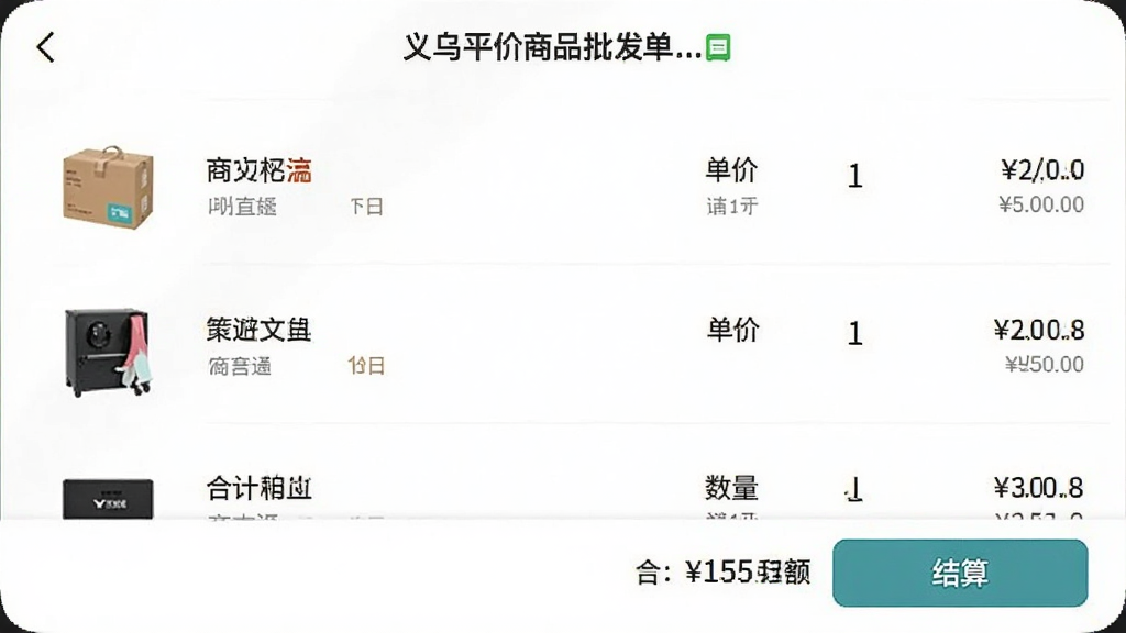 一张展示手机购物车界面的图片,界面中显示义乌平价小商品批发软件的进货单页面,商品列表清晰,包含商品图片、名称、单价、数量和小计,底部有合计金额和结算按钮,风格简约商务,配色干净,画质清晰