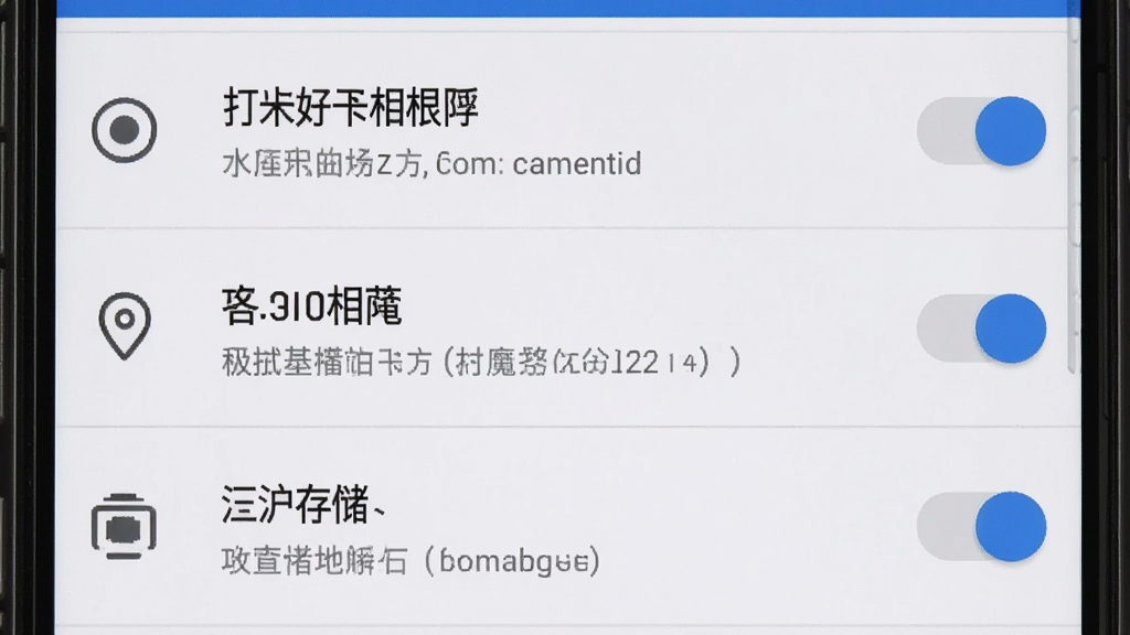 一张展示水印好打卡照相机权限设置界面的手机截图,画面主体为手机屏幕,屏幕中显示相机、定位、存储三项权限的开关列表,每个权限旁边有图标和文字说明,布局为竖版手机设置界面,排版清晰,风格为原生安卓设置页面风格,细节包括权限图标、开关按钮和说明文字,画质清晰干净,无多余元素