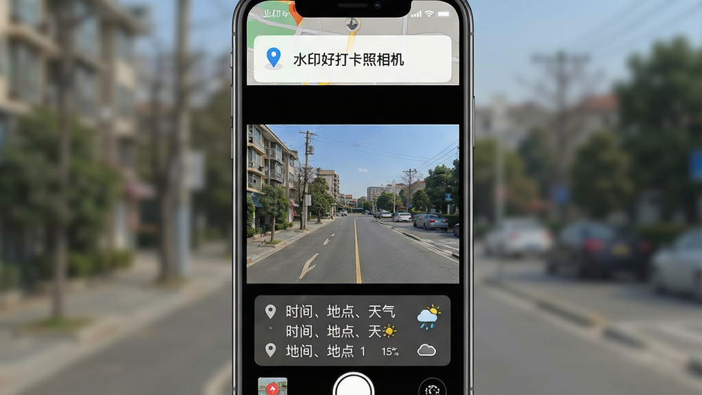 一张展示水印好打卡照相机智能定位功能的界面截图,画面主体为手机屏幕,屏幕上方显示地图定位图标和当前街道名称,中间是相机取景画面,画面下方水印区域清晰展示“时间、地点、天气”三行信息,布局为竖版手机界面,排版整齐,风格为扁平化UI设计,细节包括定位小图标、天气图标和半透明水印底条,画质清晰干净,无多余元素
