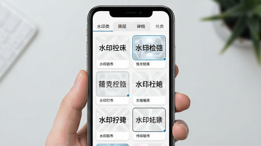 一张展示水印好打卡照相机水印模板库的界面截图,画面主体为手机屏幕,屏幕中呈现网格状排列的多个水印模板缩略图,每个缩略图展示不同样式的水印效果,顶部有分类标签栏,布局为竖版手机应用界面,排版清晰有序,风格为清新简约的卡片式设计,细节包括模板预览小图、分类文字标签和选中高亮边框,画质清晰干净,无多余元素