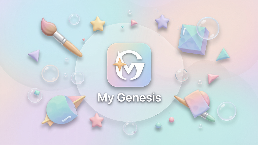 一张展示 My Genesis 应用主界面的全景图,画面中央是应用图标和名称“My Genesis”,周围环绕着色彩柔和的创意元素如画笔、星星、气泡和几何图形,布局采用中心对称式,风格清新简约,细节包括半透明渐变背景和轻微阴影,画质高清,干净无多余元素