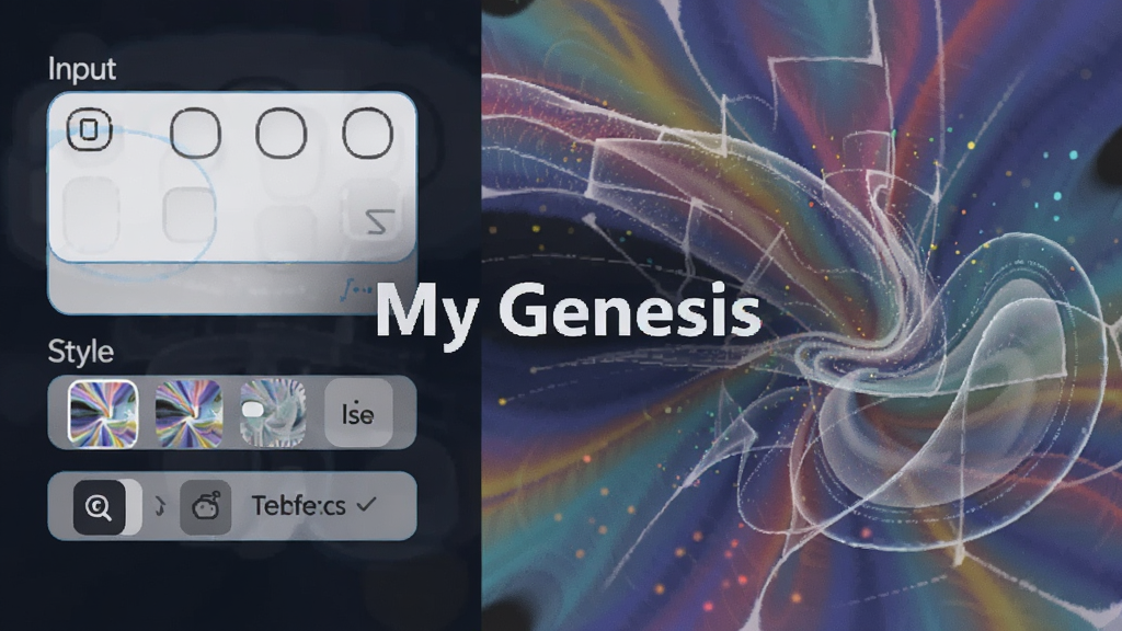 一幅展示 My Genesis 智能创意生成过程的画面,左侧是输入框和风格选择按钮,右侧是正在生成的彩色抽象图案,画面中央有“My Genesis”字样,布局为左右分栏,风格科技感与艺术感结合,细节包括流动的光线和粒子效果,画质清晰,干净无多余元素