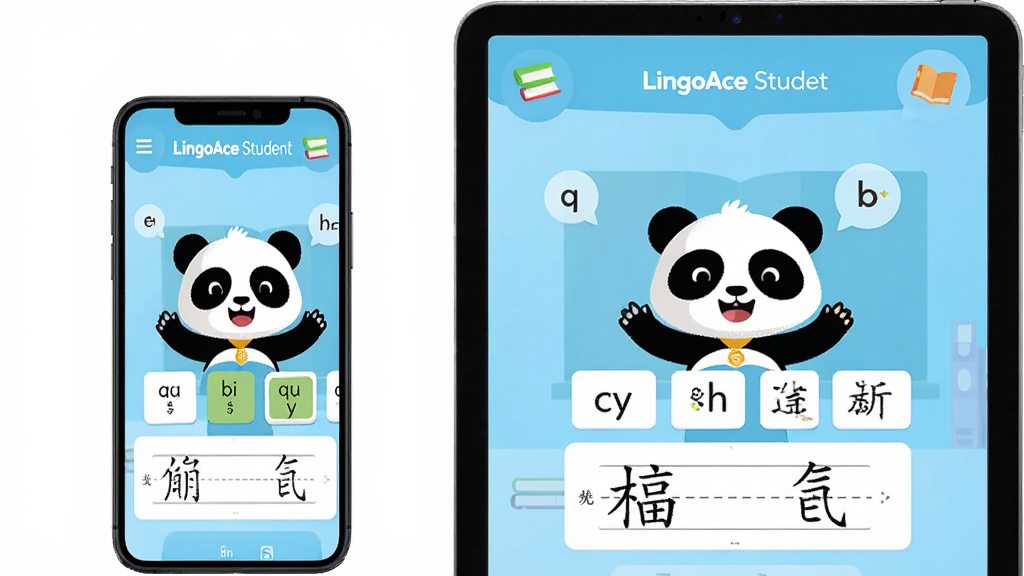 一张高清的LingoAce Student应用界面展示图,画面主体是一部竖屏智能手机和平板电脑并排放置,屏幕中央显示LingoAce Student在线中文课堂界面,包含卡通熊猫老师形象、拼音卡片和汉字书写区域,背景是清爽的浅蓝色渐变学习场景,布局采用居中对称式排版,风格为现代扁平化插画风,细节包括悬浮的字母气泡和书本图标,画质清晰干净,无多余元素。
